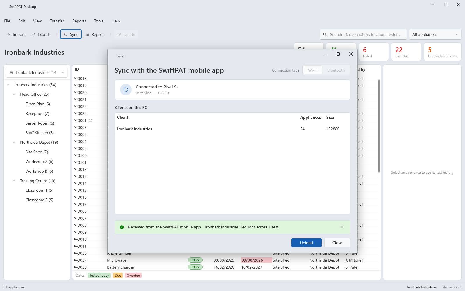 SwiftPAT Desktop's sync window during or after a sync with the mobile app.