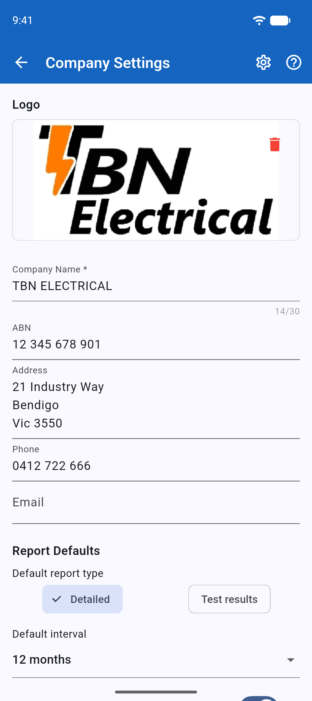 Company Settings with a business name, contact details and a logo filled in.
