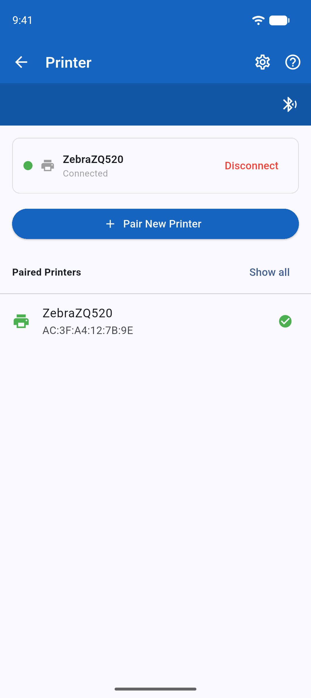 The Printer screen with a Zebra or Godex printer listed and connected.