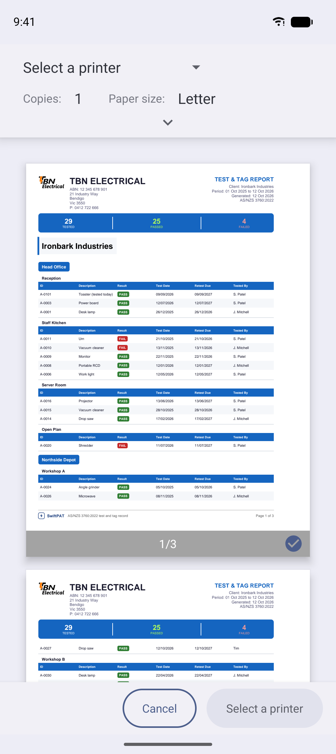 The first page of a finished PDF report open on the phone, with the business logo and details in the header. A Pro report, so no SAMPLE mark. (Using the same picture as guide-report.)