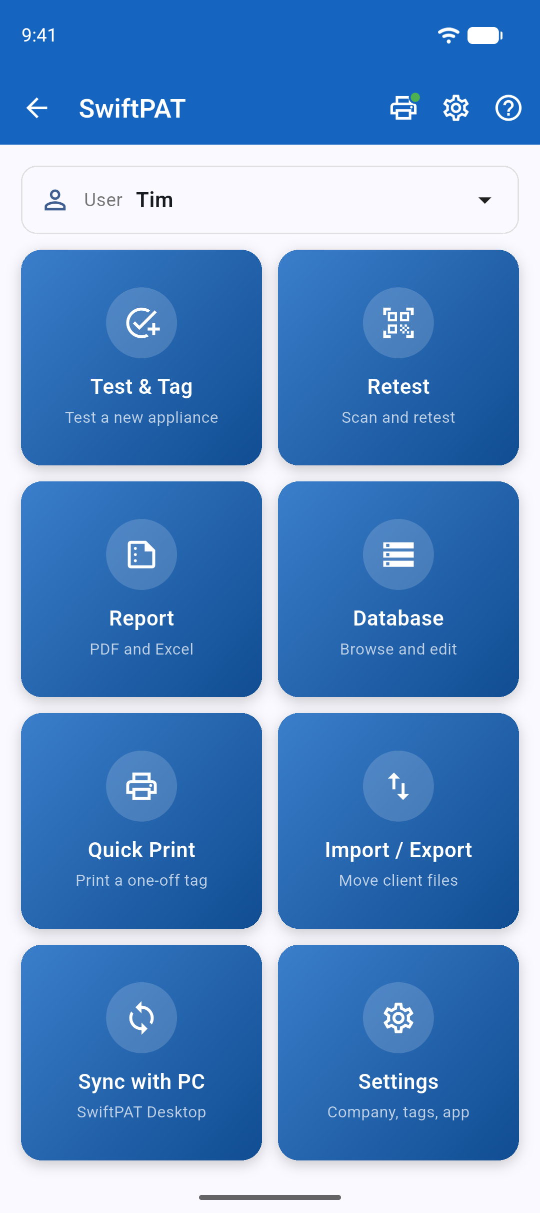 The first thing visitors see, beside the headline. The SwiftPAT home screen (the coloured menu tiles) or Test & Tag, looking its best.