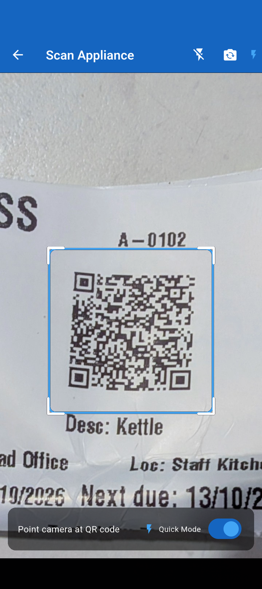 The scan screen with the camera open on a SwiftPAT tag and the Quick Mode switch turned on.