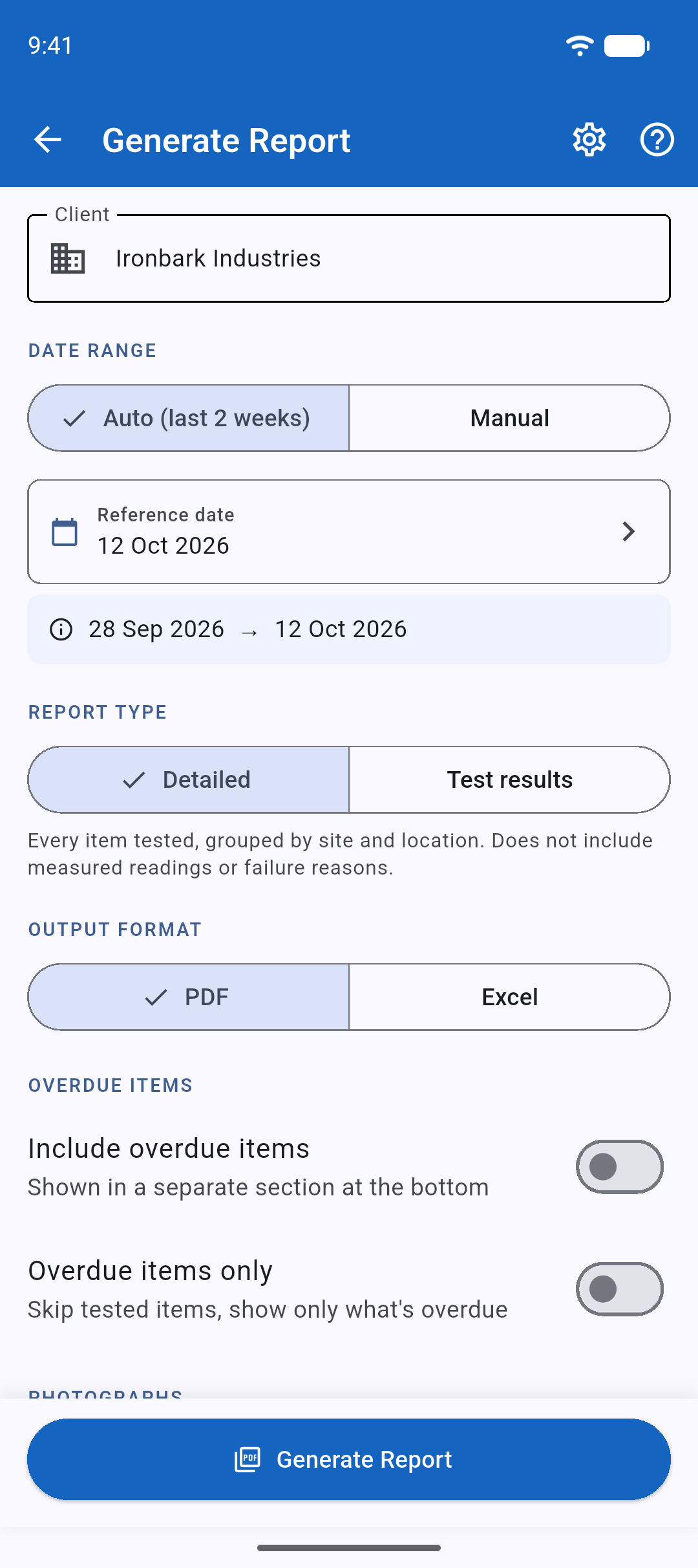 The Generate Report screen with the options visible: client, date range, report type and format.