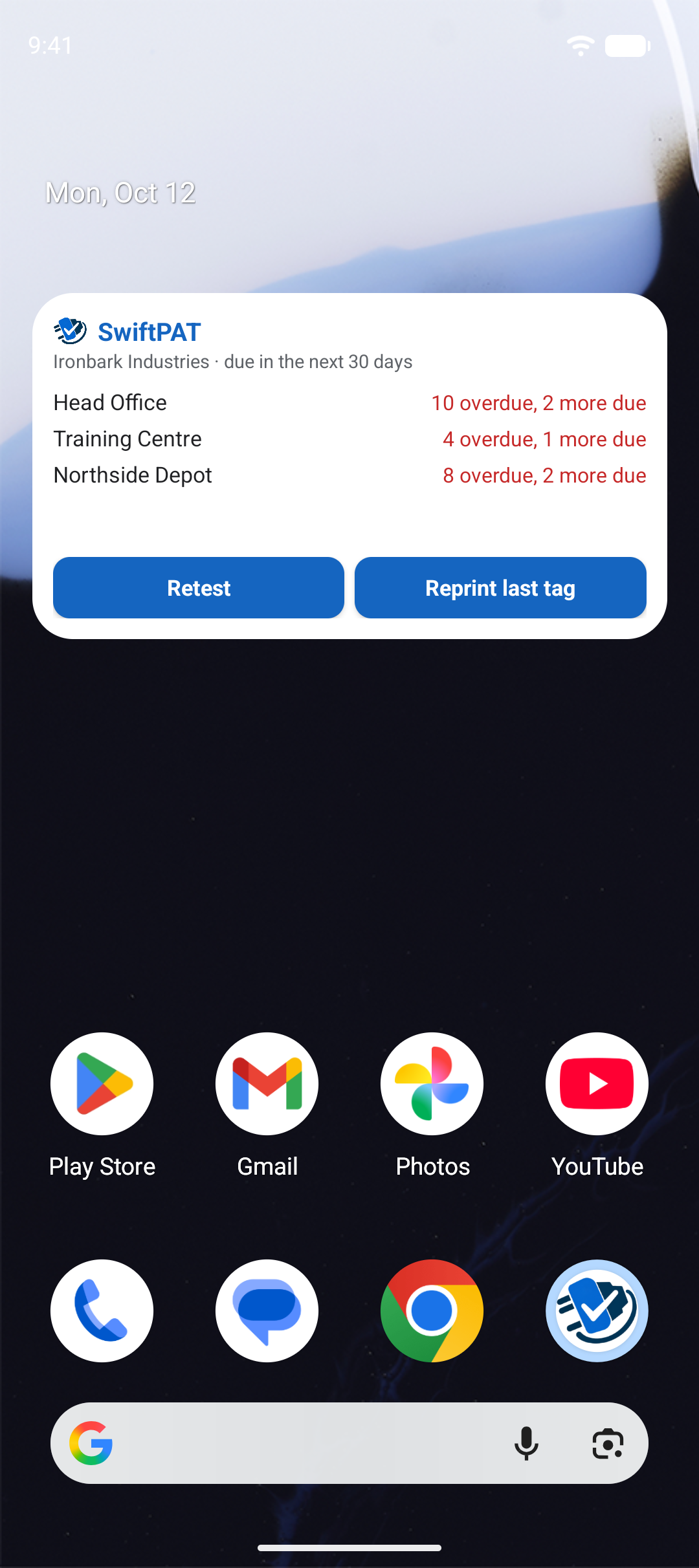 The Android home screen with the SwiftPAT due-sites widget on it, listing two or three sites coming due.