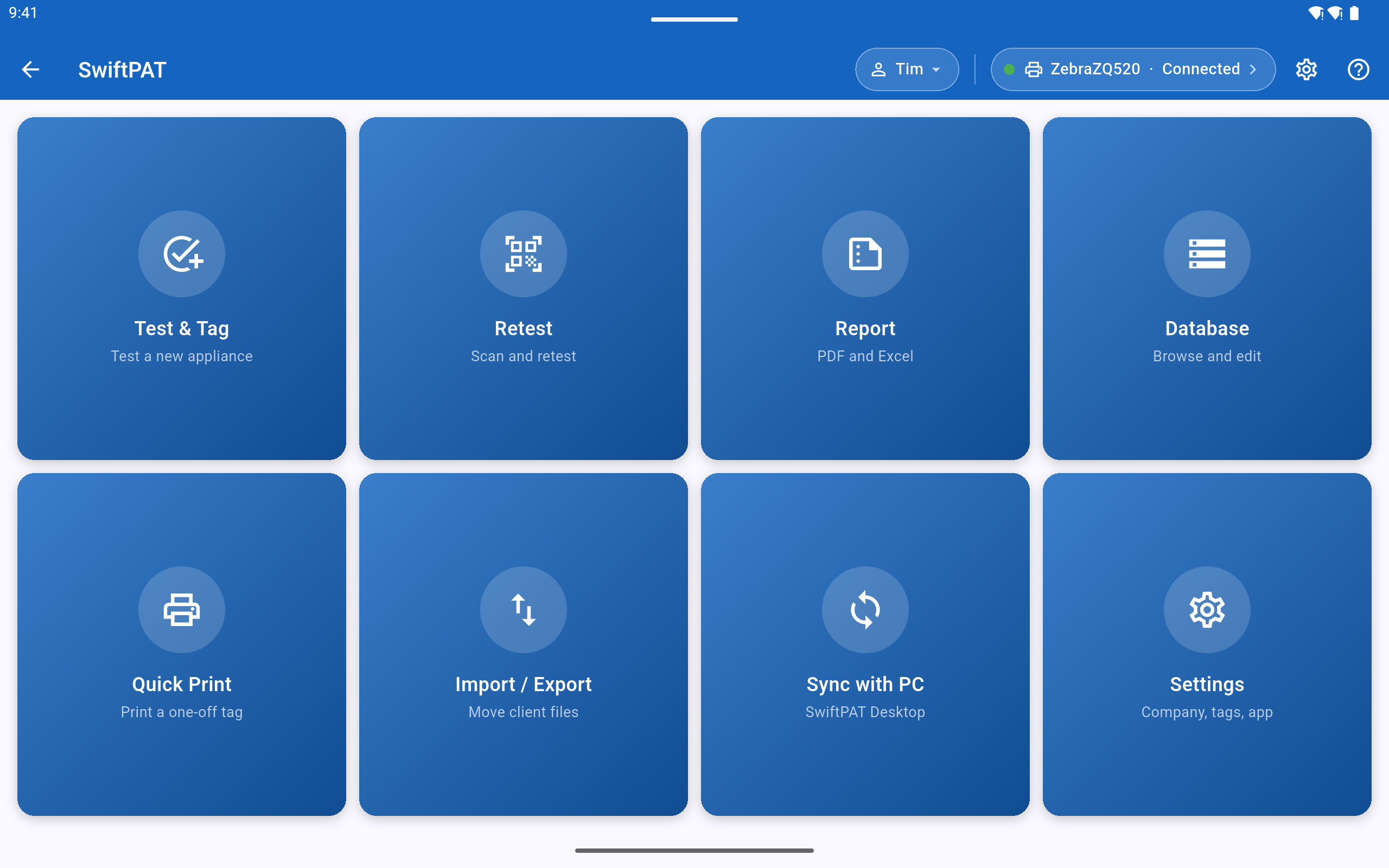 The SwiftPAT home screen on a tablet, landscape, with the menu tiles four across.
